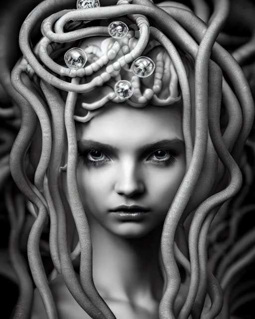 Image similar to mythical dreamy underwater black and white photo of a translucent beautiful young female angelic - medusa - vegetal - doll, highly detailed, intricate crystal ivy jelly ornate, poetic, translucent algae ornate, digital art, octane render, 8 k artistic photography, photo - realistic, hg giger