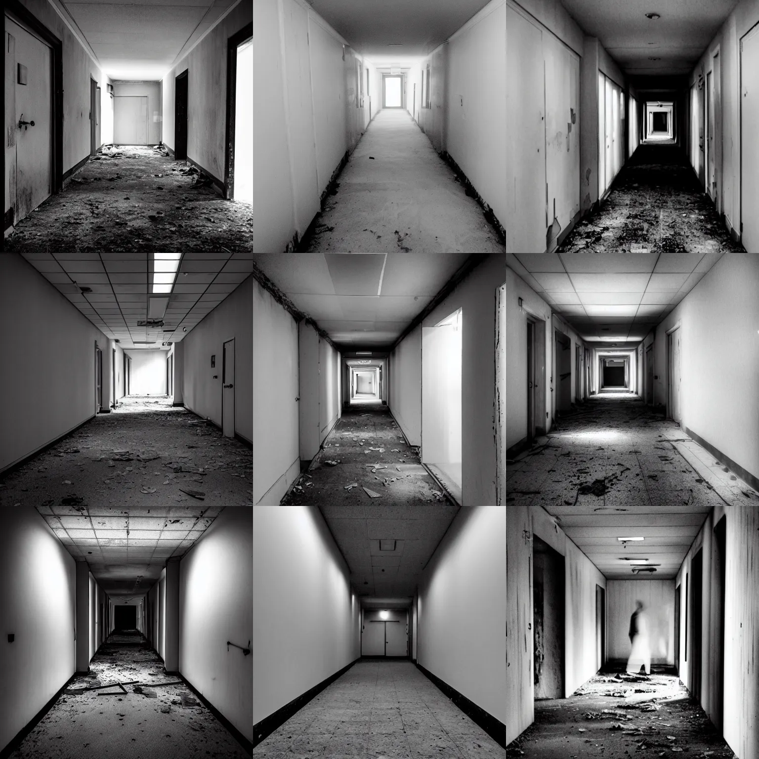 Prompt: Infrared photo of a corridor inside an abandoned hospital showing a ghost figure
