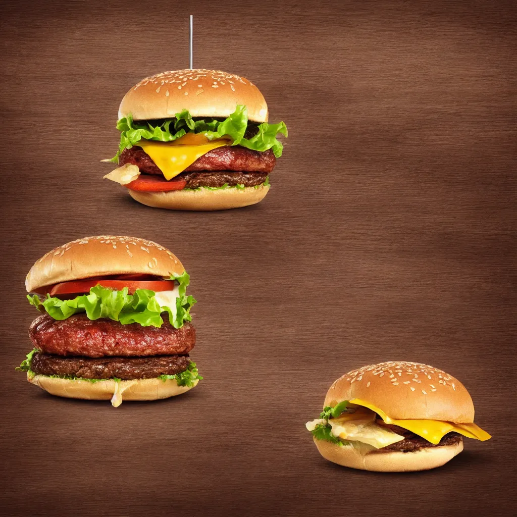 Image similar to close up view of a hamburger on top of a wooden table, 8k, photorealistic, proper shading