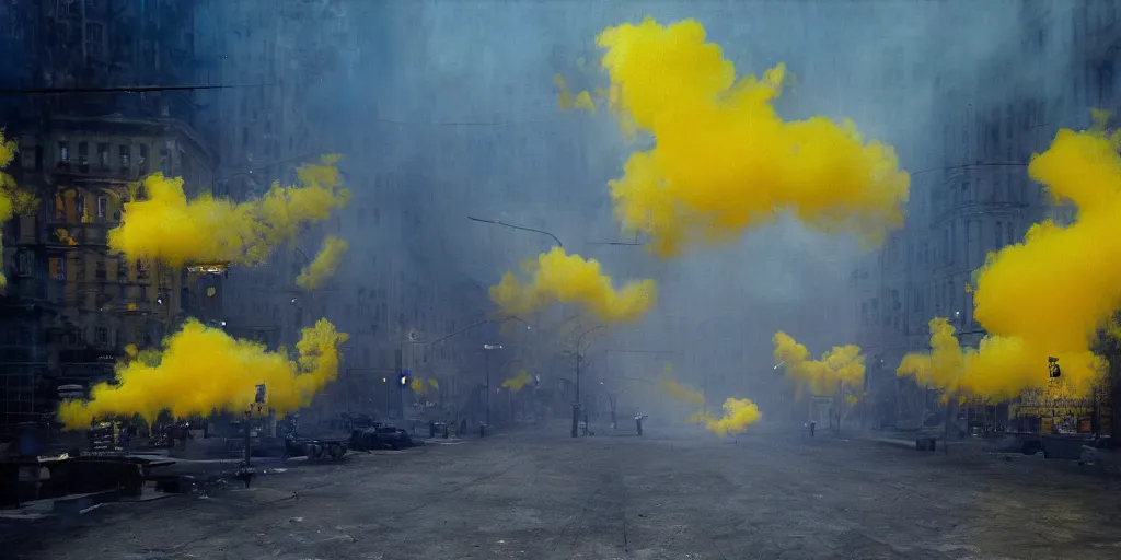 Image similar to kiev city streets covered in yellow and blue smoke, by jeremy mann, by kim keever