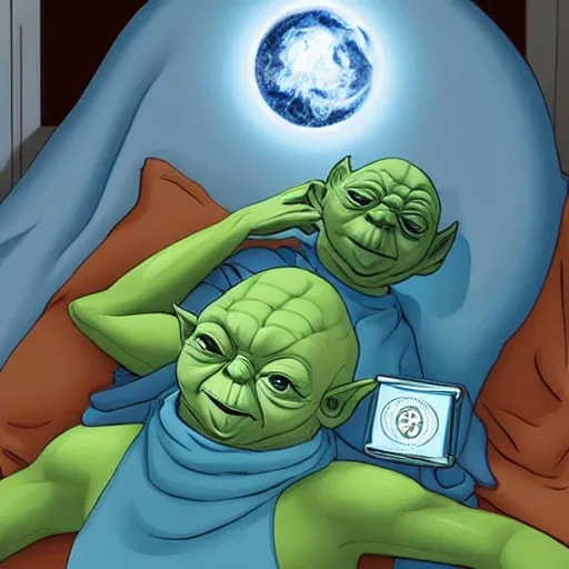 Image similar to photo of dr manhattan sleeping in bed next to yoda