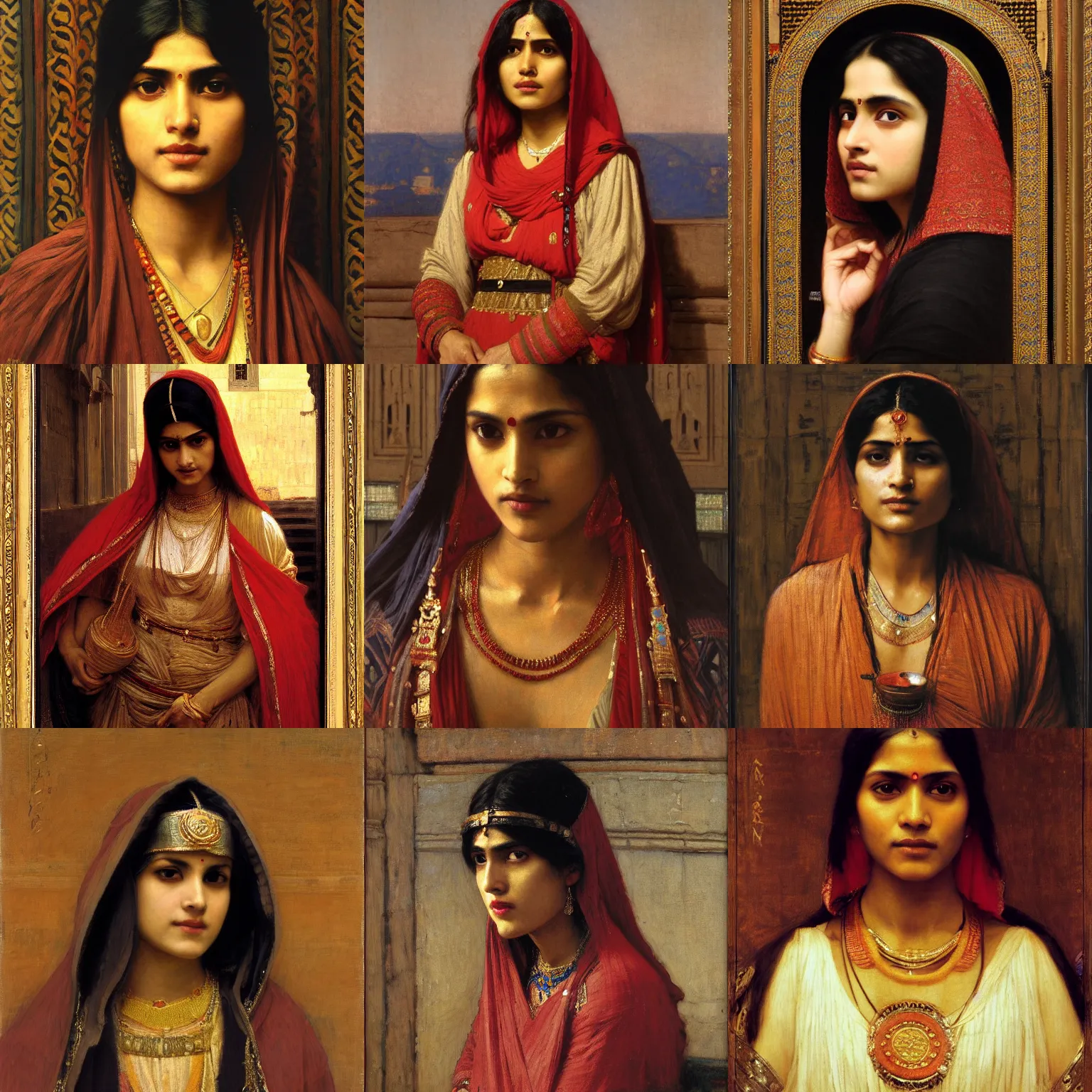 Prompt: orientalist painting of an Indian woman wearing a hood intricate portrait by john william waterhouse and Edwin Longsden Long and Theodore Ralli and Nasreddine Dinet, oil on canvas. Cinematic, hyper realism, dramatic lighting, high detail 8k