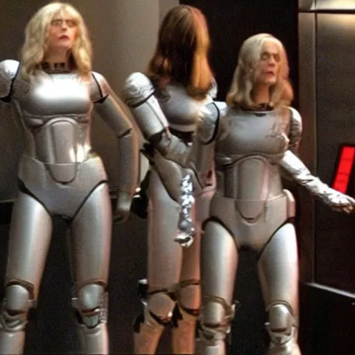 Prompt: Hot slim fit attractive steel cylon woman from battlestar galactica