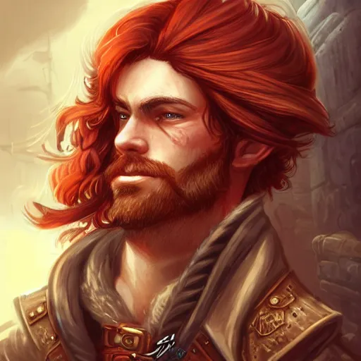 Image similar to rugged ship captain, male, handsome, red hair, long hair, handsome, fantasy, intricate, elegant, highly detailed, steampunk, digital painting, artstation, concept art, character art, smooth, sharp focus, illustration, art by artgerm