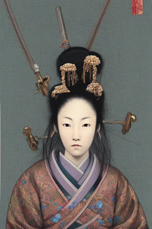 Image similar to Baroque painting of a female Japanese Samurai, inspired by Gustav Moreau and Wayne Barlowe, exquisite detail, hyper realism, ornate, exquisite detail, cute face