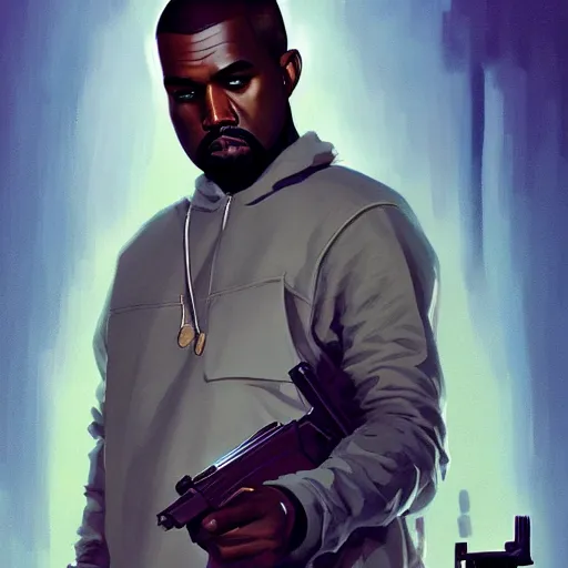 Image similar to highly detailed portrait kanye west holding revolver! gta v stephen bliss unreal engine fantasy art by greg rutkowski loish rhads ferdinand knab makoto shinkai lois van baarle ilya kuvshinov rossdraws tom bagshaw global illumination radiant light detailed intricate environment