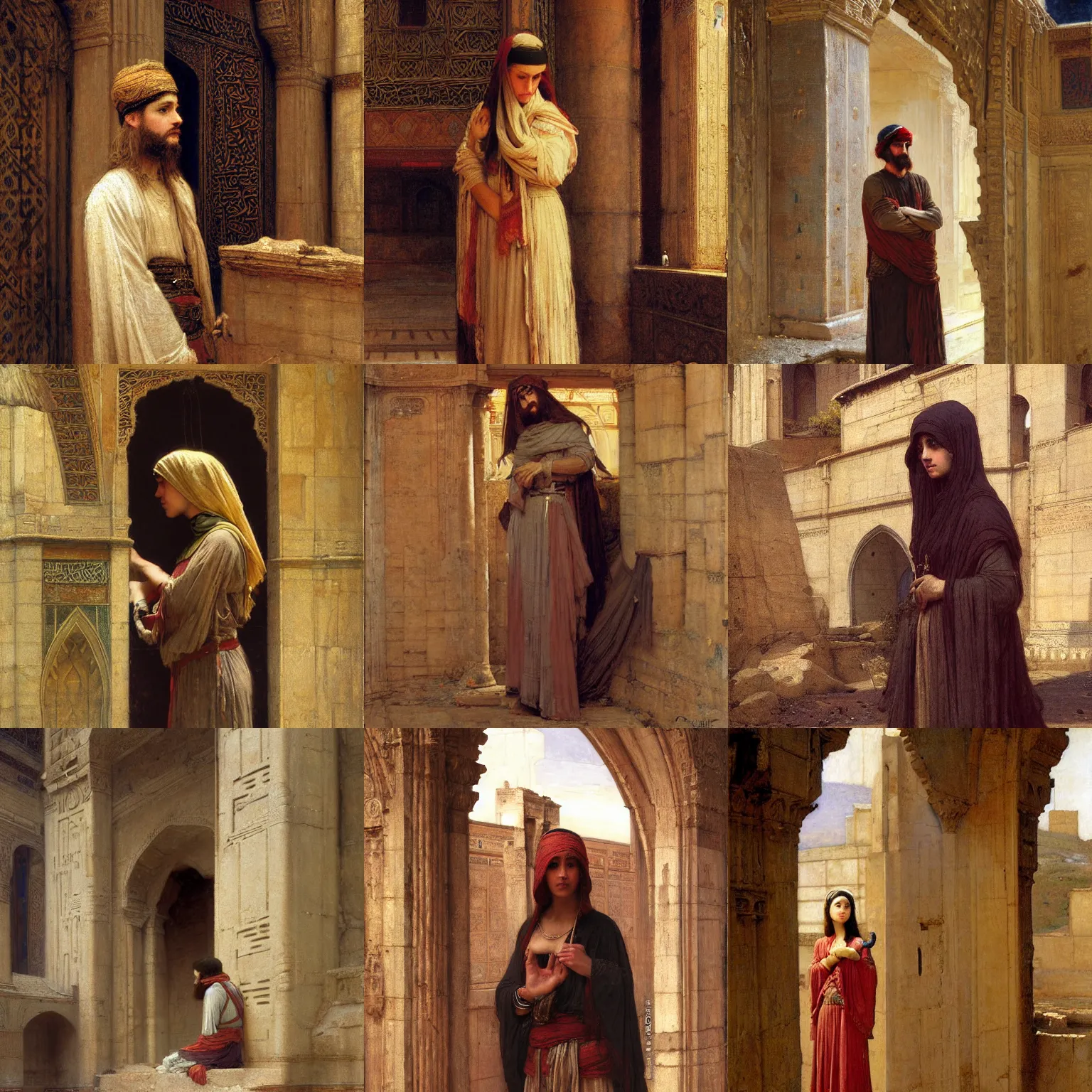 Prompt: orientalism painting mosque guardian in a sandstone ruin portrait by john william waterhouse and Edwin Longsden Long and Theodore Ralli and gaston bussiere. Cinematic, hyper realism, dramatic lighting, high detail 8k