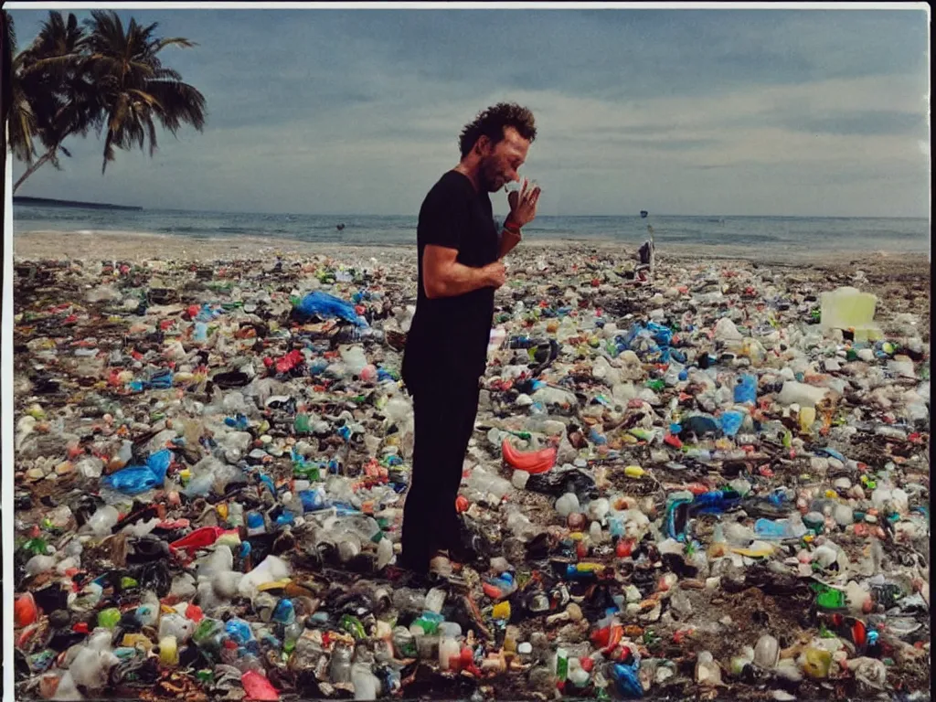 Prompt: lorenzo cherubini jovanotti alone crying surrounded by plastic bottles and garbage on a beach, polaroid color photo, ultra realistic