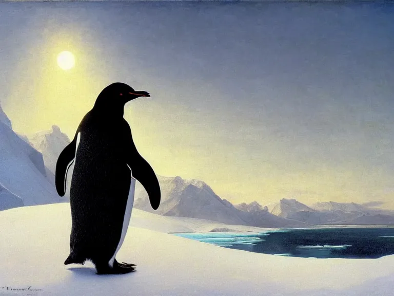 Prompt: an oil painting of a penguin next to a frozen ocean and a misty glacier at dawn. by tuomas korpi moebius and carl spitzweg. baroque elements. intricate artwork by caravaggio. oil painting. oil on canvas. award winning. dramatic. trending on artstation. 8 k