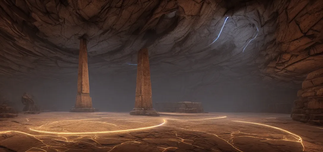 Prompt: dramatic photo of underground ancient stone alien interior, ambient occlusion, glowing straight neon lines on the floor, large glowing obelisk at the end of the room, giant looming statue, raytracing, unreal engine, dramatic lighting, detailed,, global illumination, god rays, 3 d artstation by greg rutowski and jessica rossier