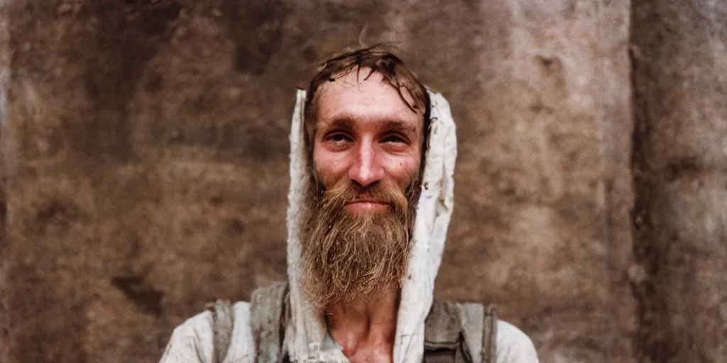 Image similar to far view, in british museum, extremely skinny malnourished redneck white male with long beard, wearing dirty overalls, dirty greasy face, grin, portrait, close up, kodak gold 2 0 0, 5 0 mm,