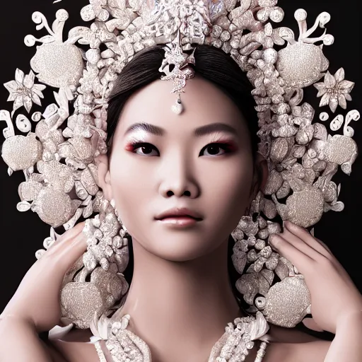 Prompt: portrait of wonderful asian princess of white diamonds with fair skin, white flowers, ornate with white diamonds, 8 k, gorgeous, intricate, detailed, glowing white accent lighting, dramatic lighting, octane render