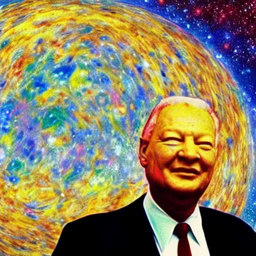 Image similar to yeltsin in outer space, behind him is a planet, space art in color