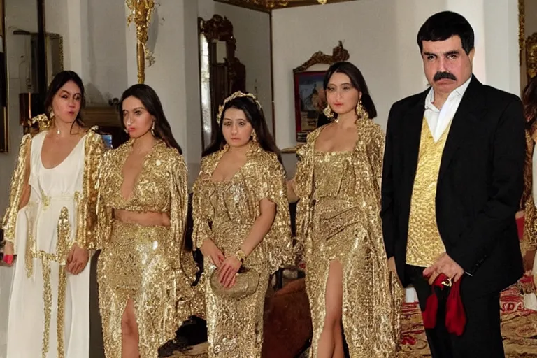 Image similar to el chapo standing in the middle of a grandiose mexican mansion. everything is made out of gold. el chapo is sipping on wine. the mansion is incredible and ornate. chapo has a clockwork chain. there are princesses and queens everywhere around him