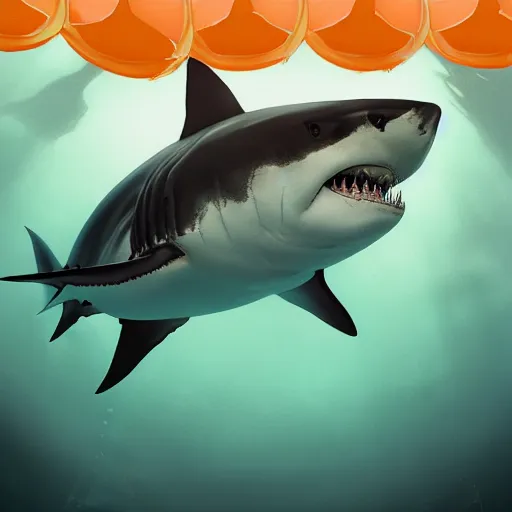 Image similar to great white shark with orange and white striped traffic cones instead of teeth, underwater background detailed atmospheric - ron cheng & alphonse mucha, highly detailed, digital painting, ray tracing, concept art, illustration, smooth sharp focus, intricate, symmetry, artstation,