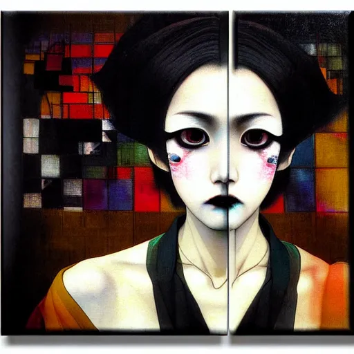 Image similar to yoshitaka amano blurred and dreamy realistic three quarter angle portrait of a young woman with black lipstick and black eyes wearing dress suit with tie, junji ito abstract patterns in the background, satoshi kon anime, noisy film grain effect, highly detailed, renaissance oil painting, weird portrait angle, blurred lost edges