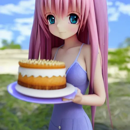 Prompt: Render of a beautiful 3d anime woman holding a birthday cake to show the camera, long light pink hair, full bangs, hazel eyes, cute freckles, full round face, smug smile, Chinese heritage, cute checkerboard sundress, golden hour, serene beach setting, medium shot, mid-shot, hyperdetailed, trending on Artstation, Unreal Engine 4k