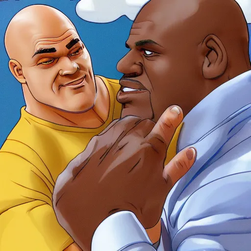 Prompt: Mr Clean and Shaq intensely making out, realistic, hyperrealistic, highly detailed, very detailed, 8k resolution, real life, HD quality, dramatic, studio quality lighting