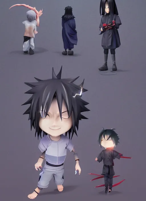 Prompt: chibi uchiha sasuke anime figurine, electricity, art by gerald brom, greg rutkowski and artgerm and james jean and zdzisław beksinski, unreal engine, studio lighting