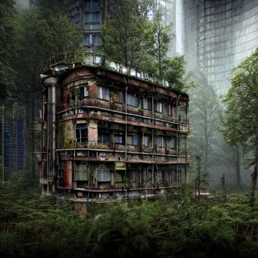 Image similar to a beautiful ultradetailed render of city building unfinished building urbex industrial architecture dormitory by antoine predock, wilderness mars steampunk reclaimed by nature forest tundra rainforest postcyberpunk myst, archdaily, wallpaper, highly detailed, trending on artstation.