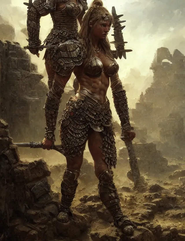 Image similar to muscular female warrior princess wearing heavy plate armor, robust stocky body, at the stone ruins, rpg artwork, hyperdetailed, hyperrealistic, soft light, imposing presence, pino daeni and dan mumford, artstation, intricate metal, smooth, sharp focus