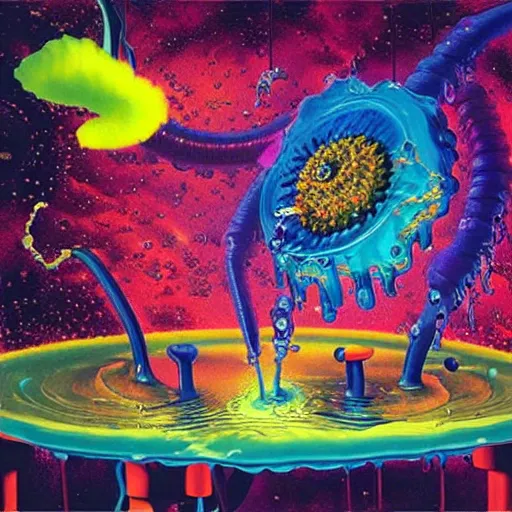 Image similar to jelly rococo gel beehive leaking plasma and colorful auras, liquid, drippy, splashing, scifi 3 d paint spray by beeple, rob gonsalves, jeff koons, jacek yerka, m. c. escher. bees