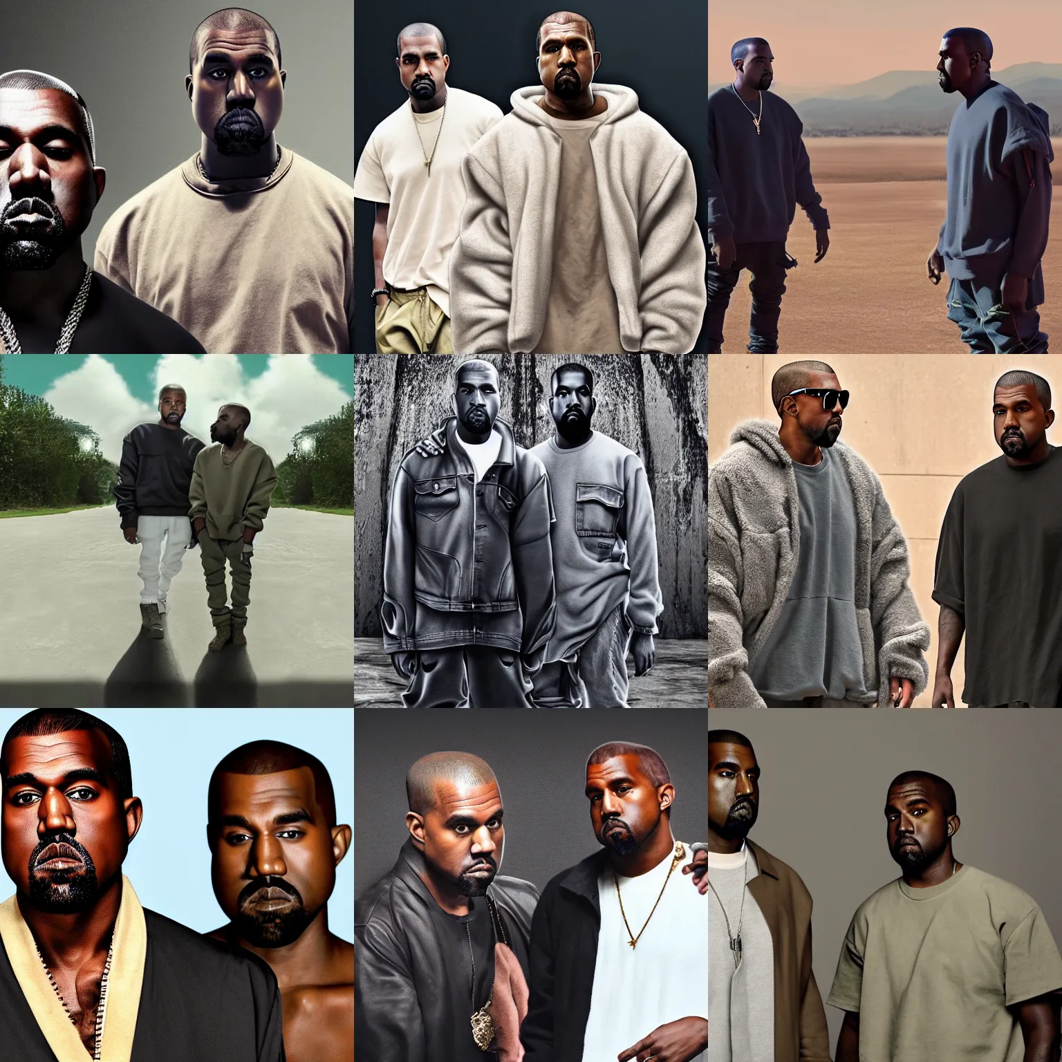 Prompt: kanye west meets his clone kanye east, highly detailed, 4 k, 8 k, hdr