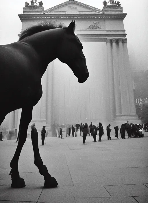 Image similar to a photograph of a horse in front of the metropolitan museum of art, foggy, 3 5 mm, color film camera, pentax