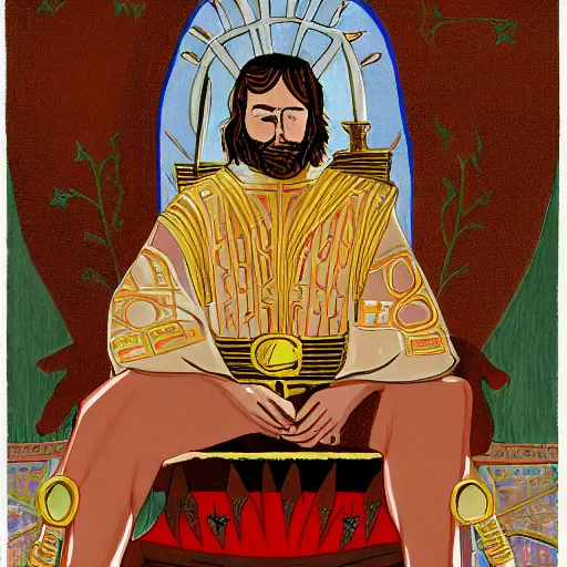 Prompt: modern self portrait of man sitting on throne, legs crossed, while holding a sword, white man, hispanic, brown hair, light skin, golden throne, red robes, 8 k, hi - rez, circles, lamented, clear, brown eyes, colored, sharp, pencil art, illustrated by lee friedlander