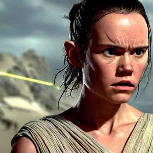 Prompt: a film still of rey skywalker in star wars realistic, detailed