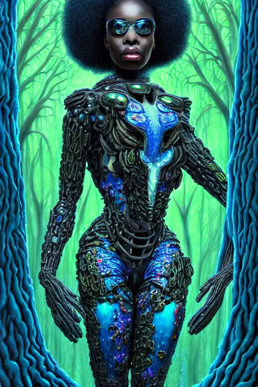 Image similar to hyperrealistic lowbrow super expressive! black woman with exoskeleton armor, merging with tree in a forest, highly detailed digital art masterpiece smooth cam de leon hannah yata dramatic pearlescent blue teal light ground angle hd 8 k sharp focus