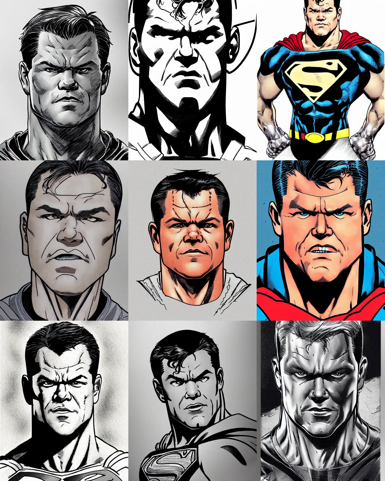 Prompt: matt damon!!! jim lee!!! flat ink sketch by jim lee face close up headshot superman costume in the style of jim lee, x - men superhero comic book character by jim lee