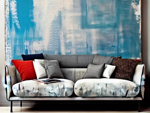 Image similar to a sofa, abstract painting fabric texture, blue, white, photorealist, 4 k