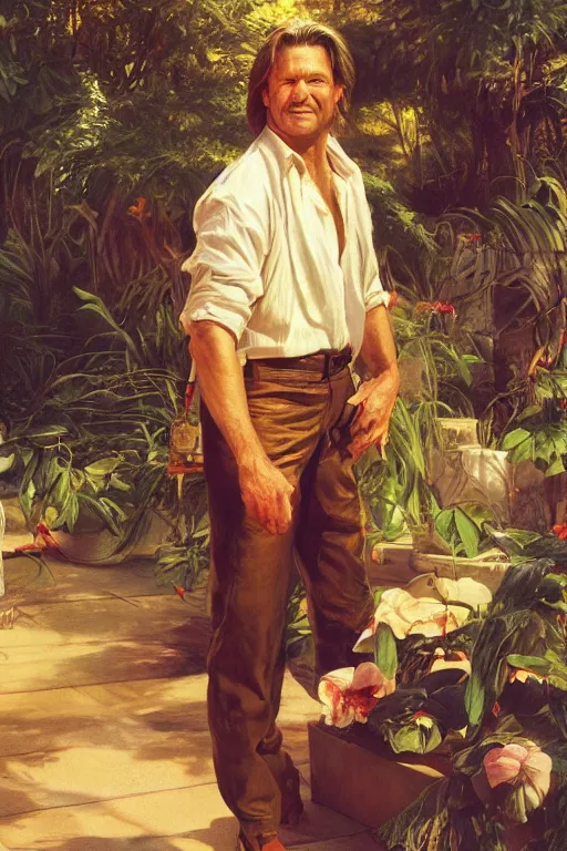 Prompt: Jack Burton, golden hour, in a garden, artstation, by J. C. Leyendecker and Peter Paul Rubens,