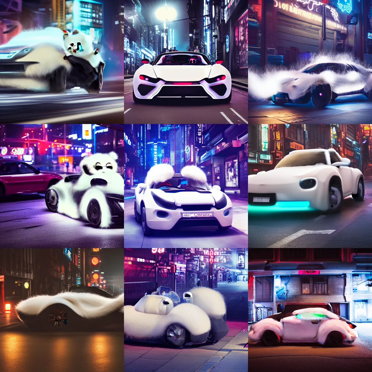 Image similar to a fluffy roadster covered with white fur and looked like a cute panda, with cool headlights, parking in the street, Cyberpunk, neon light, 4k, hd, highly detailed