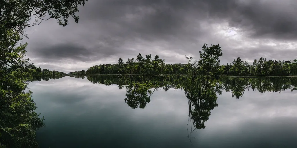 Prompt: centered photograph of a long rope snaking across the surface of the water, thick rope stretching out towards the center of the lake, a dark lake on a cloudy day, color film, trees in the background, hyper - detailed photo, anamorphic lens