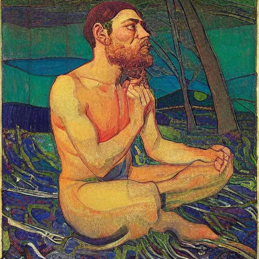 Prompt: by tom thomson, by louis rhead straight surrealism. a art installation of a man with a large head, sitting in a meditative pose. his eyes are closed & he has a serene look on his face. his body is made up of colorful geometric shapes & patterns that twist & turn in different directions.