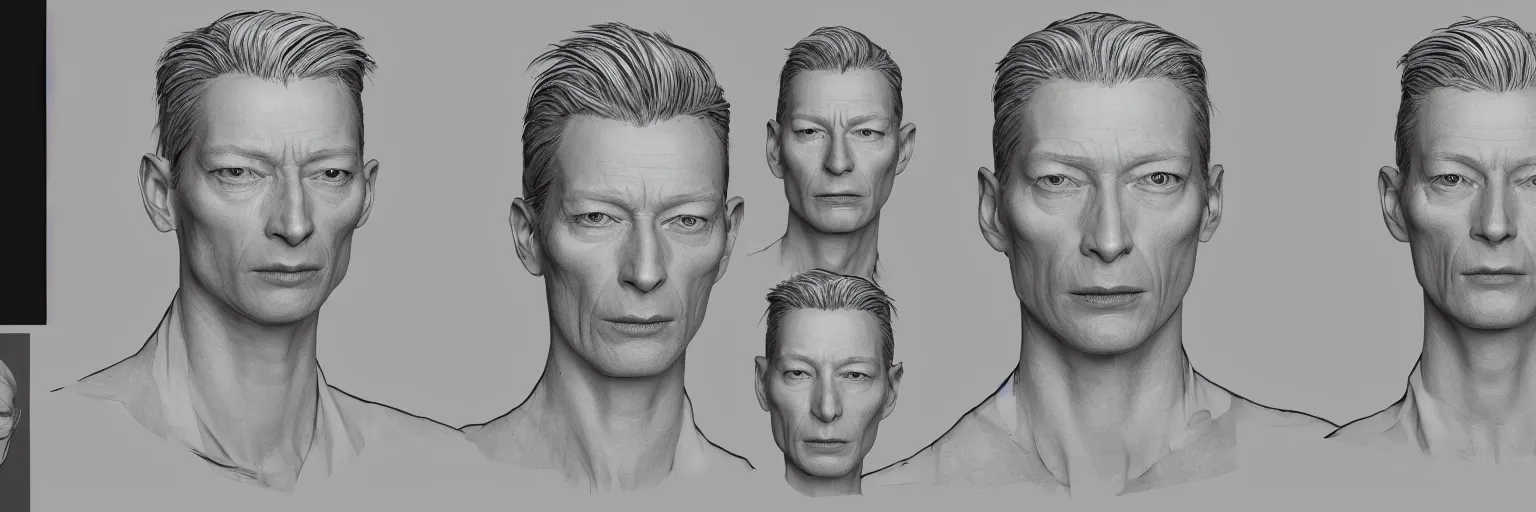 Image similar to male character study of tilda swinton, 2 0 2 2, clear faces, emotional, character sheet, fine details, concept design, contrast, kim jung gi, pixar and da vinci, trending on artstation, 8 k, full body and head, turnaround, front view, back view, ultra wide angle