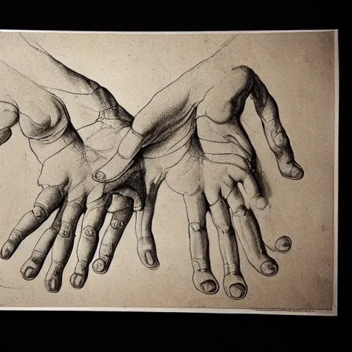 Image similar to anatomical drawing of hands, in the style of leonardo da vinci,