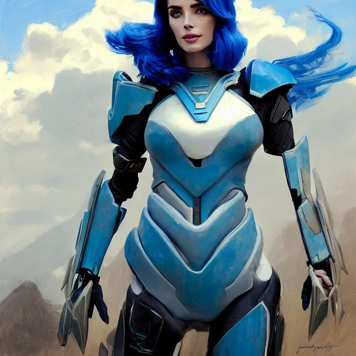 Prompt: portrait of a combination of Ashley Greene, Adriana Dxim, Grace Kelly and Lily Collins with blue hair wearing Interceptor's armor from Anthem, countryside, calm, fantasy character portrait, dynamic pose, above view, sunny day, thunder clouds in the sky, artwork by Jeremy Lipkin and Giuseppe Dangelico Pino and Michael Garmash and Rob Rey and Greg Manchess and Huang Guangjian, very coherent asymmetrical artwork, sharp edges, perfect face, simple form, 100mm