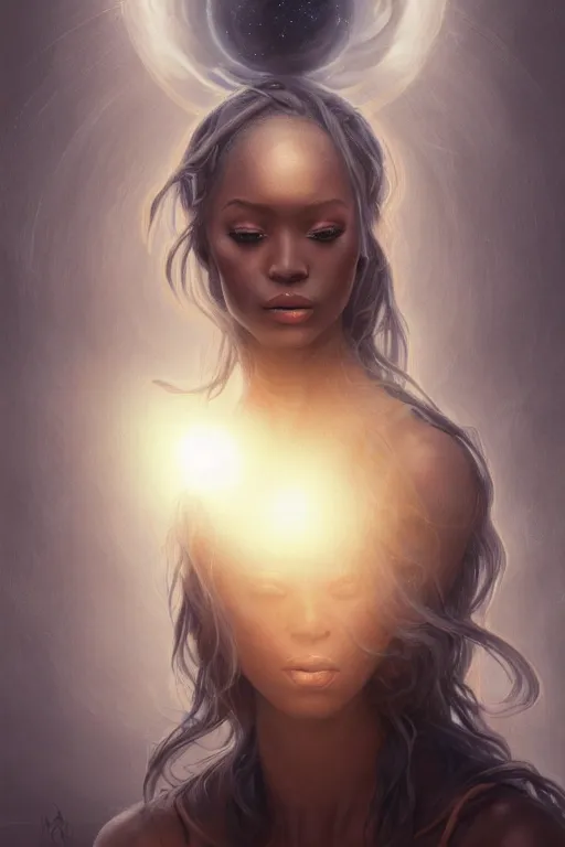 Image similar to dusty wind blowing!!!, orbs of light dark skin drow, dreaming of the void! cinematic volumetric lights, bust portrait, dnd, fantasy, intricate, elegant, highly detailed, digital painting, artstation, concept art, smooth, sharp focus, illustration, art by artgerm and tom bagshaw and greg rutkowski and alphonse mucha