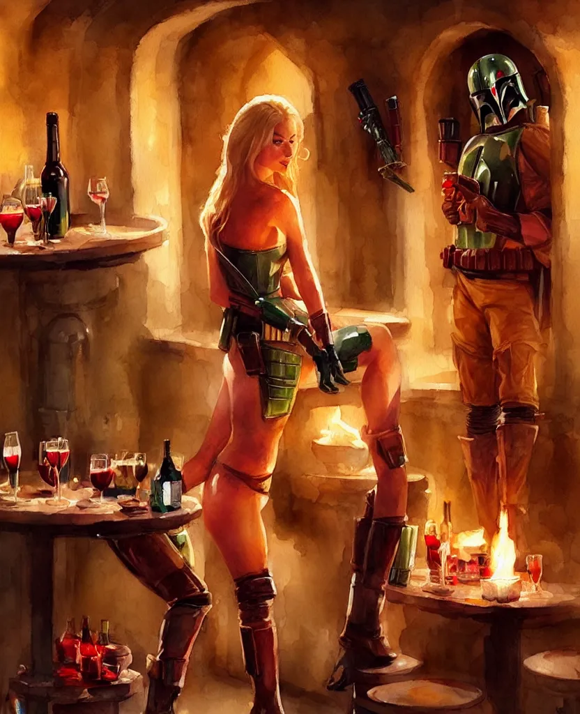 Image similar to blonde hot woman in wine cellar,! boba fett!, drinking beer, eating meat, cozy, inviting, atmospheric, torches on the wall, watercolor by vladimir volegov