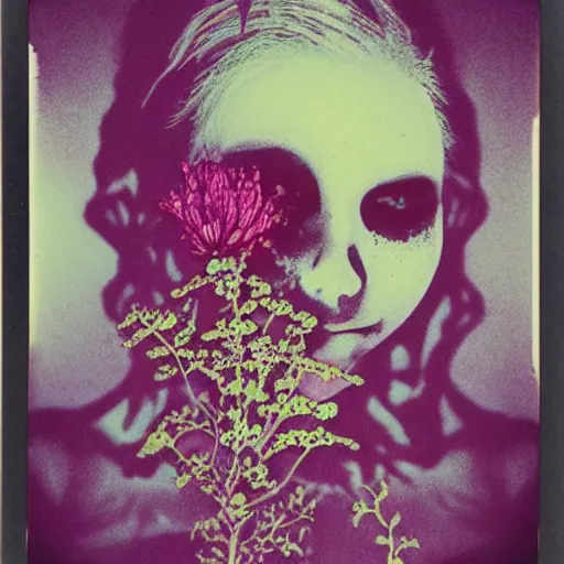 Image similar to a beautiful detailed front view portrait of a rotten woman corpse with fractal plants and fractal flowers growing around, volumetric light, beautiful lit, polaroid photography