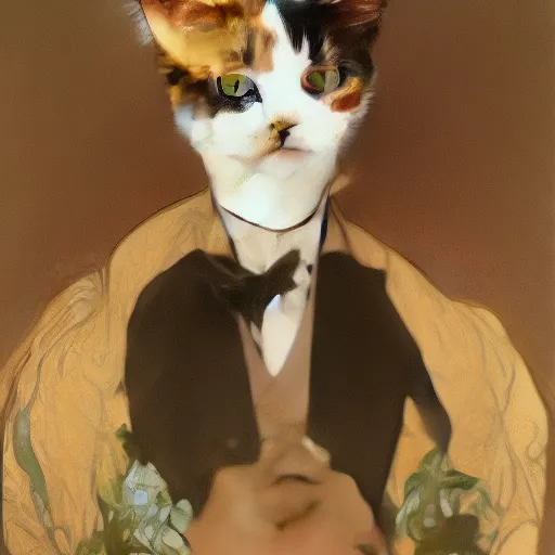 Prompt: realistic painting of a cat wearing a tuxedo, ultra long lens, 8 k, ultra, realistic, art by alphonse mucha