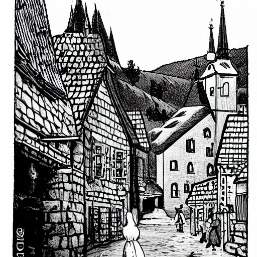 Image similar to mysterious town in medieval slovakia, comic art, black and white