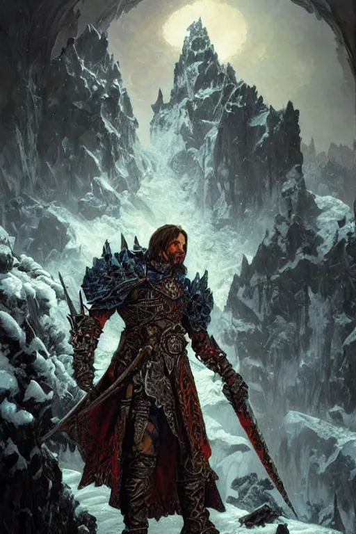 Image similar to a D&D death knight posing in front of an icy landscape, intricate, highly detailed, artstation, concept art, illustration, sharp focus, art by ralph horsley and alphonse mucha