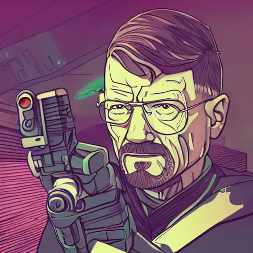 Image similar to high quality illustration, walter white pointing a gun, portrait, cyberpunk colors, neotrad, lois van baarle, moebius, league of legend, arcane style