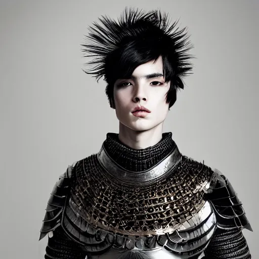 Image similar to a portrait of a beautiful young male wearing an alexander mcqueen armor made of black hair , photographed by andrew thomas huang, artistic
