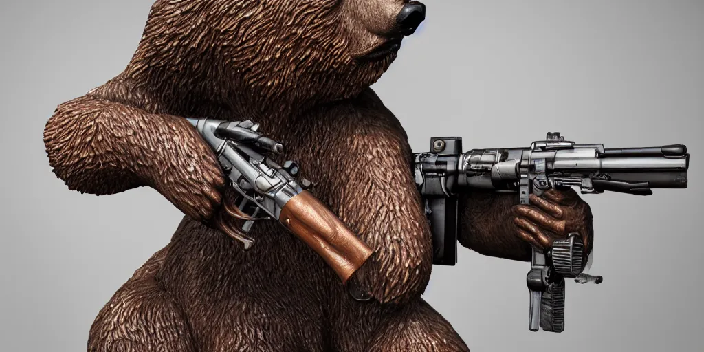 Image similar to brown bear statue with tommy gun on his back, chrome reflect, highly detailed, 4 k, hdr, award - winning, octane render, artstation