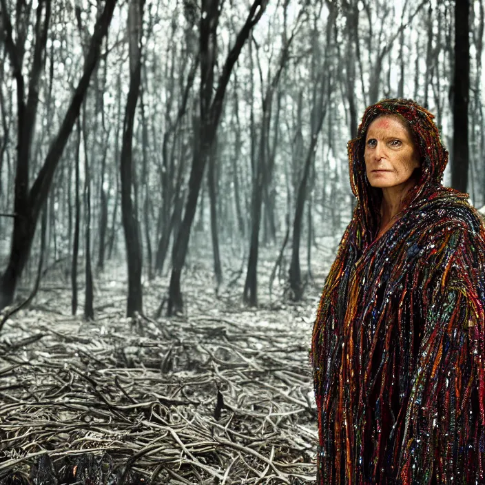 Image similar to closeup portrait of a woman wearing a cloak made of colorful geode crystals and wire, standing in a burnt forest, by Annie Leibovitz and Steve McCurry, natural light, detailed face, CANON Eos C300, ƒ1.8, 35mm, 8K, medium-format print